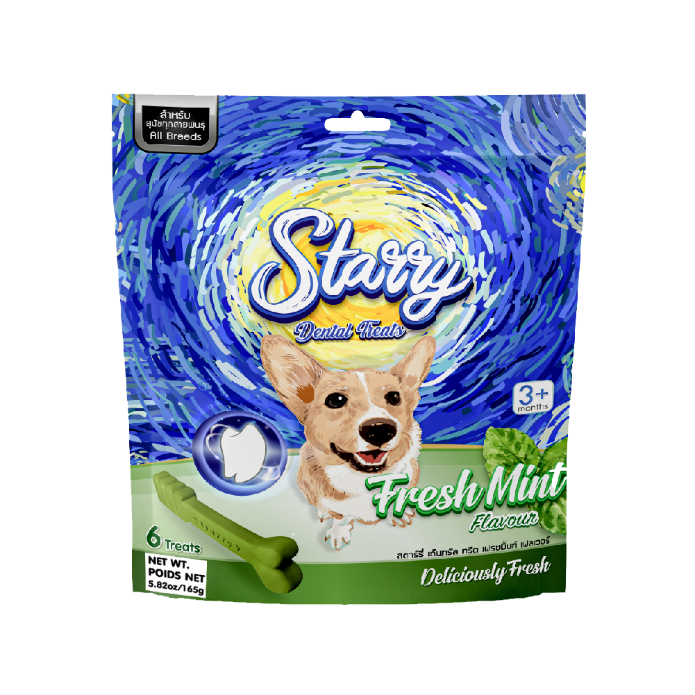 Starry Dental Treat, Fresh Mint Flavor (Pack of 3 - 18 Treats)