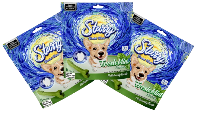 Starry Dental Treat, Fresh Mint Flavor (Pack of 3 - 18 Treats)